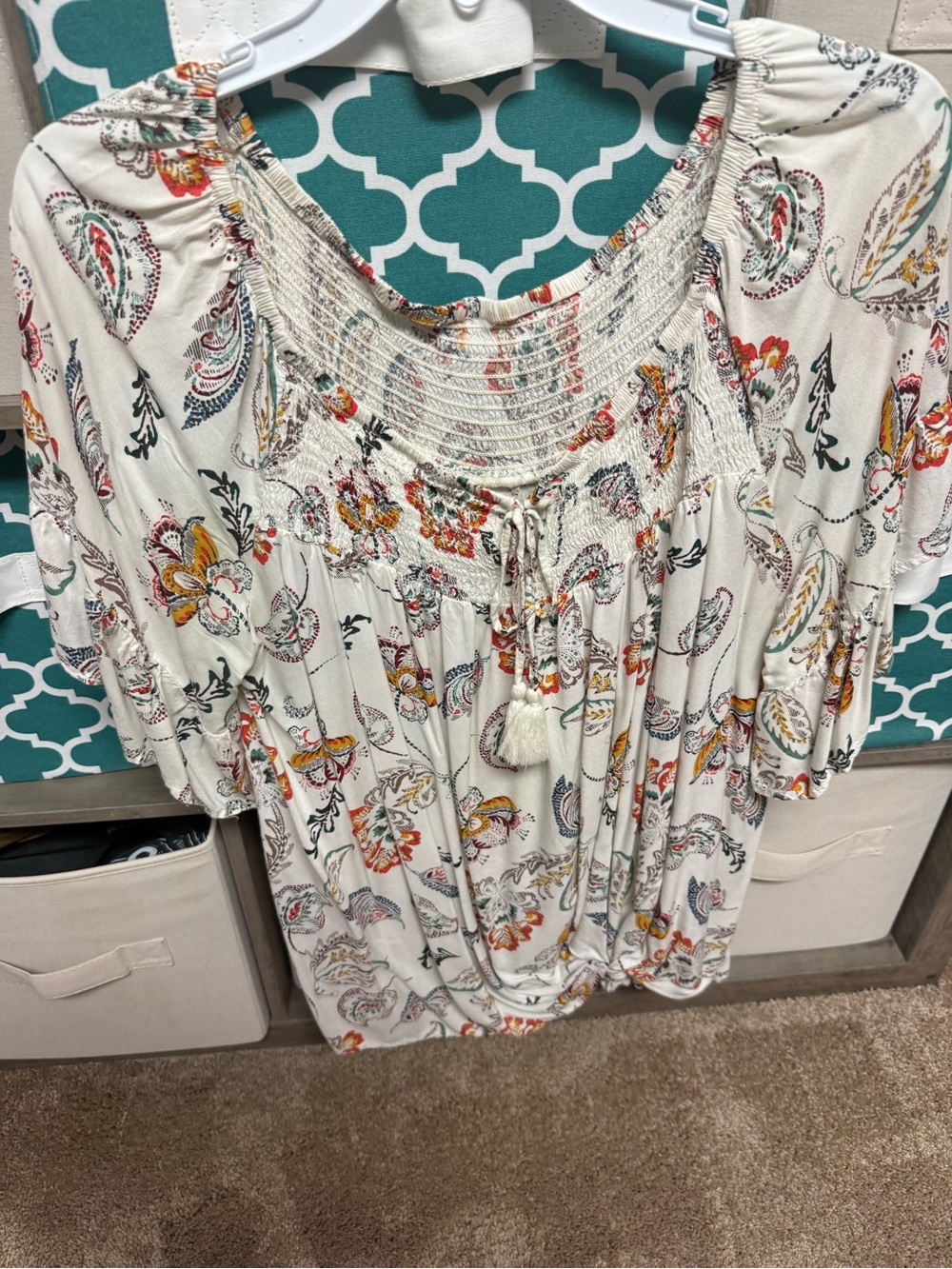 Boho Floral Peasant Top - White with Multi-Color Paisley Print